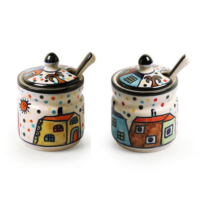 'Hut Handpainted' Ceramic Pickle & Chutney Jars With Spoons (Set Of 2)