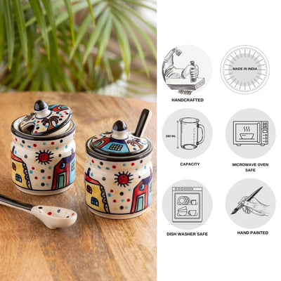 'Hut Handpainted' Ceramic Pickle & Chutney Jars With Spoons (Set Of 2)
