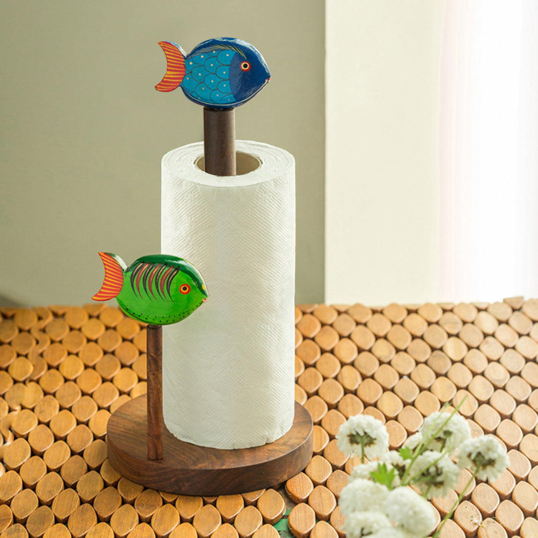 Brown - Handpainted Fishes Napkin Holder In Sheesham Wood