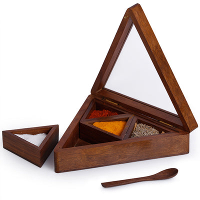 Sheesham Wood Pyramid Spice Box With Spoon (4 Containers)