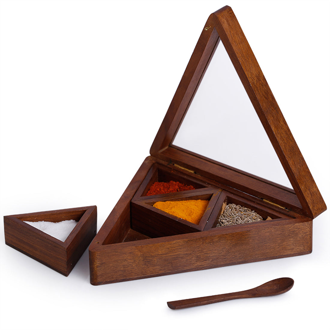 Sheesham Wood Pyramid Spice Box With Spoon (4 Containers)