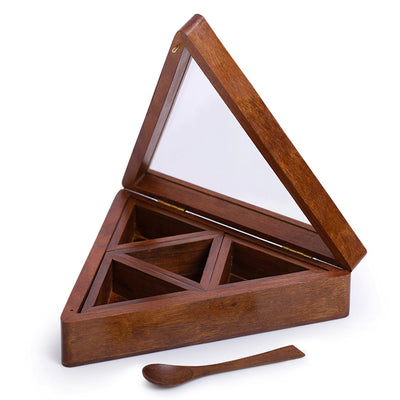 Sheesham Wood Pyramid Spice Box With Spoon (4 Containers)