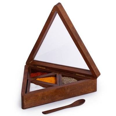 Sheesham Wood Pyramid Spice Box With Spoon (4 Containers)