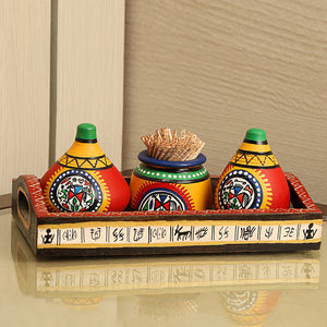 'Matkis On The Table' Terracotta Warli Salt & Pepper Shaker With Toothpick Holder & Wooden Tray