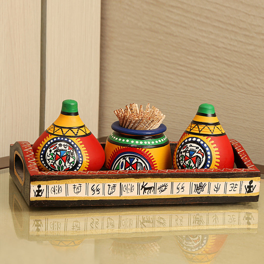 'Matkis On The Table' Terracotta Warli Salt & Pepper Shaker With Toothpick Holder & Wooden Tray