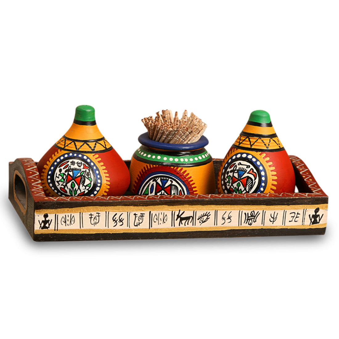 'Matkis On The Table' Terracotta Warli Salt & Pepper Shaker With Toothpick Holder & Wooden Tray