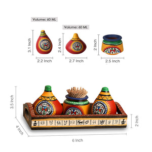 'Matkis On The Table' Terracotta Warli Salt & Pepper Shaker With Toothpick Holder & Wooden Tray