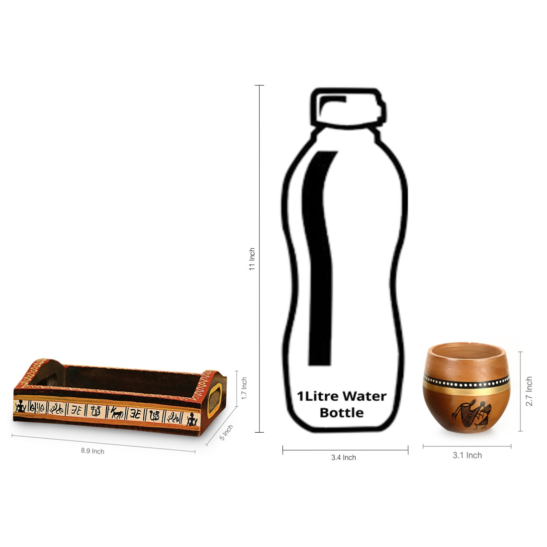 'Matkis On The Table' Terracotta Warli Salt & Pepper Shaker With Toothpick Holder & Wooden Tray