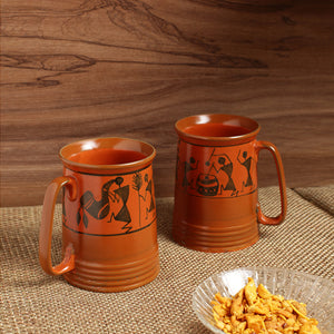'Two To Tango' Warli Handpainted Beer & Milk Mugs In Ceramic (Set Of 2)