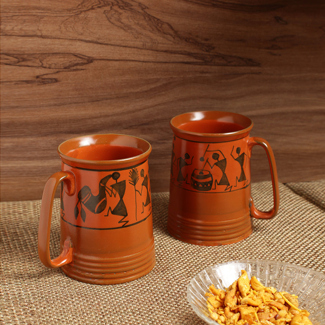 'Two To Tango' Warli Handpainted Beer & Milk Mugs In Ceramic (Set Of 2)