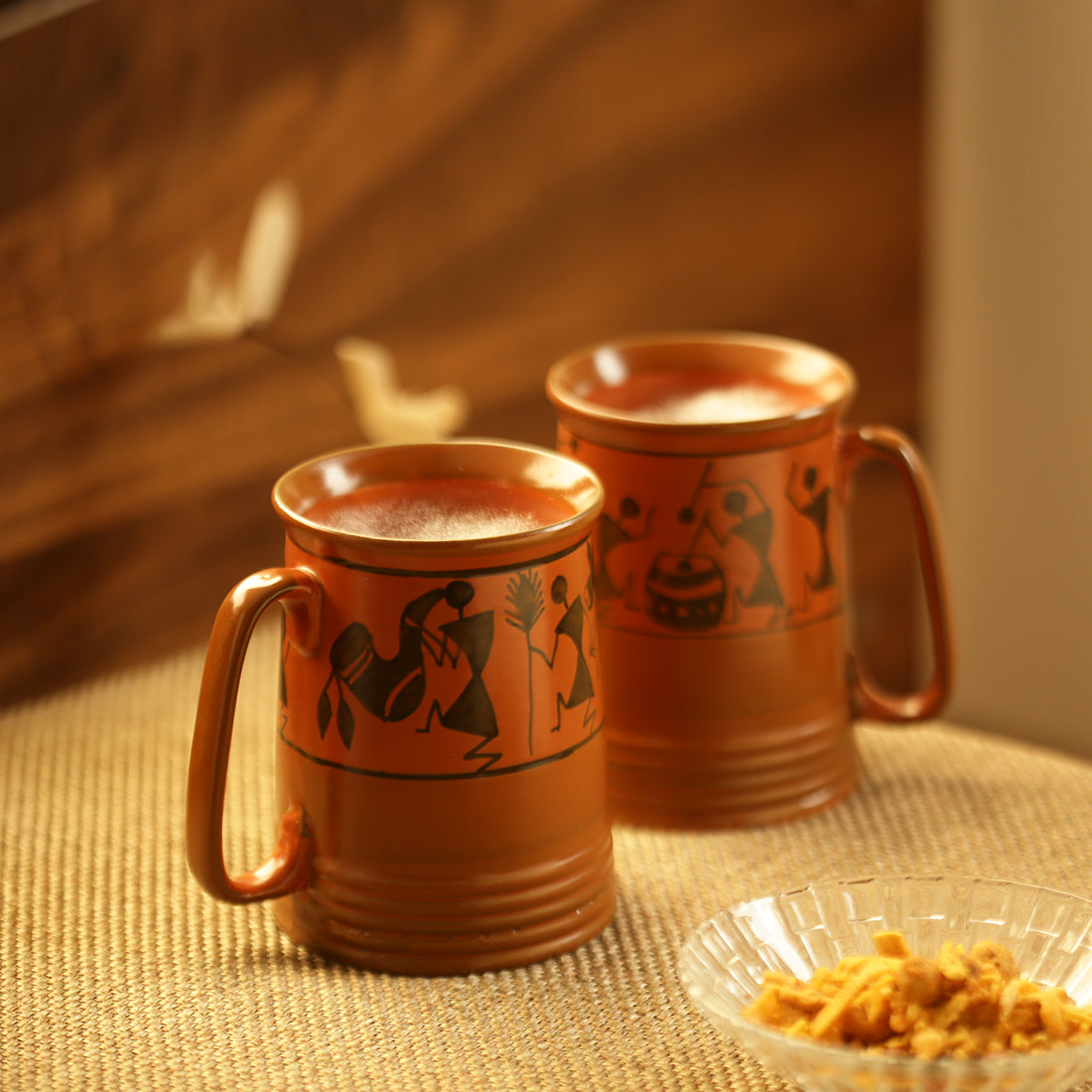 'Two To Tango' Warli Handpainted Beer & Milk Mugs In Ceramic (Set Of 2)