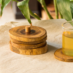 'Stack-Circles of Wood' Log Handcrafted Coasters With Stand (Set Of 4)