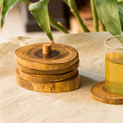 'Stack-Circles of Wood' Log Handcrafted Coasters With Stand (Set Of 4)