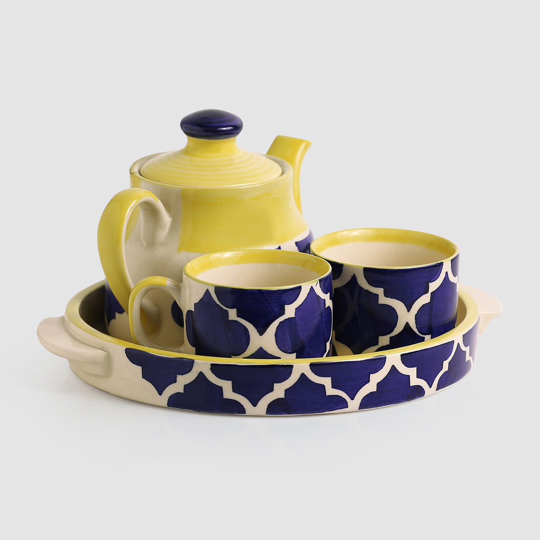 'Sea-Tea' Handpainted Tea Cups & Kettle Set With Tray In Ceramic