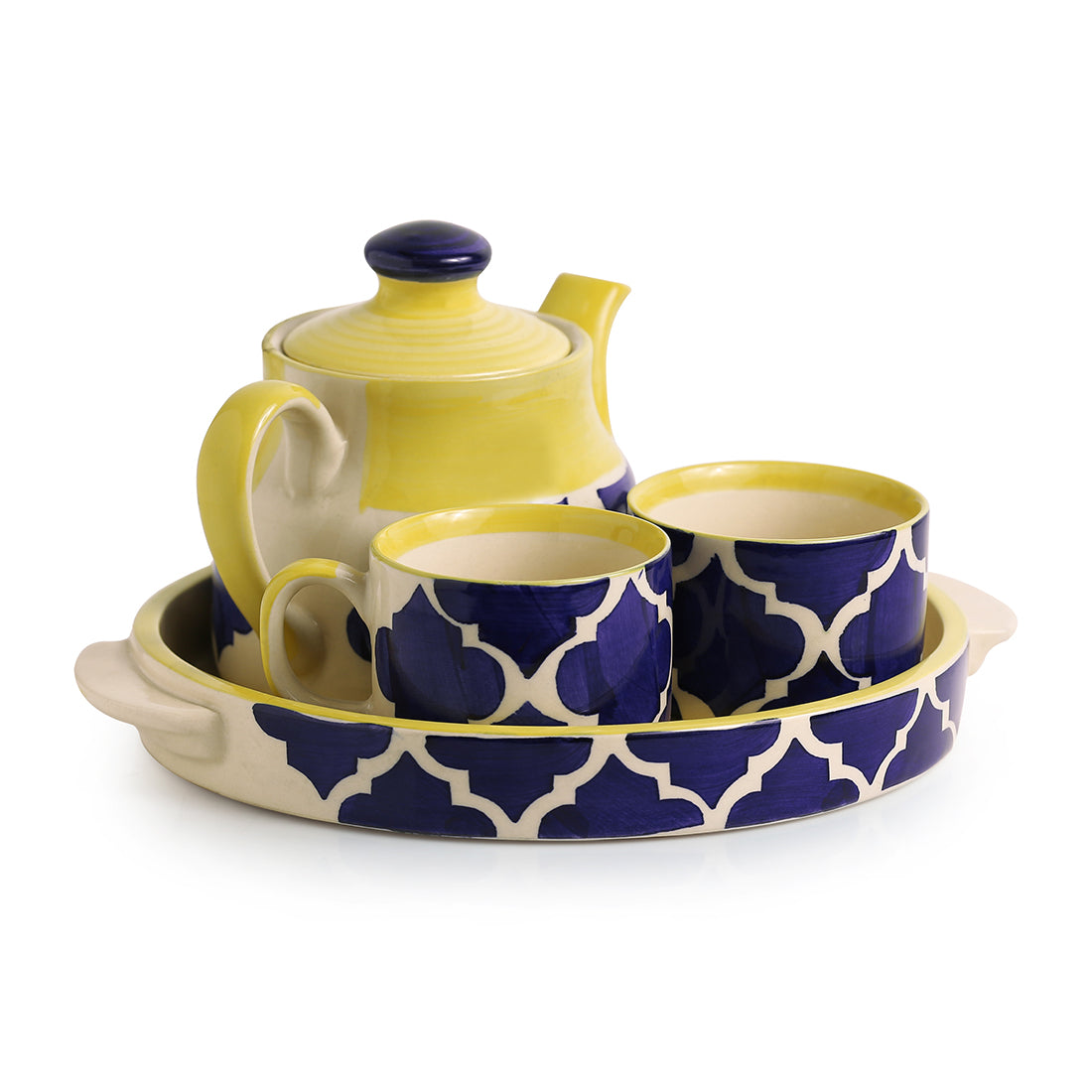 'Sea-Tea' Handpainted Tea Cups & Kettle Set With Tray In Ceramic