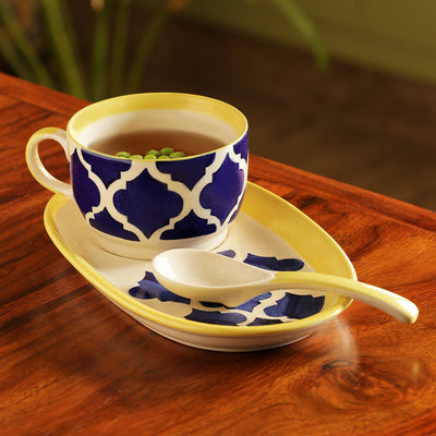 Blue - 'Soup with a view' Handpainted Soup Bowl With Spoon and Tray In Ceramic