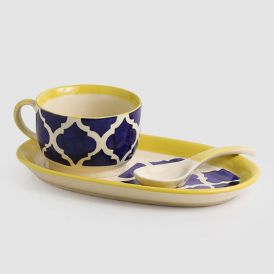 Blue - 'Soup with a view' Handpainted Soup Bowl With Spoon and Tray In Ceramic