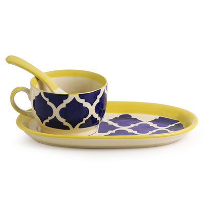 Blue - 'Soup with a view' Handpainted Soup Bowl With Spoon and Tray In Ceramic