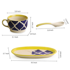 Blue - 'Soup with a view' Handpainted Soup Bowl With Spoon and Tray In Ceramic