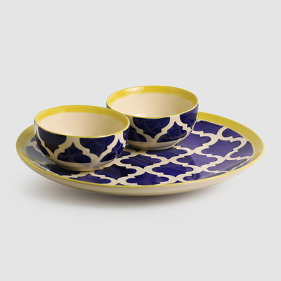 Blue - 'Moroccan Platter Pack' Handpainted Plate With Serving Bowl Set Of 2 In Ceramic