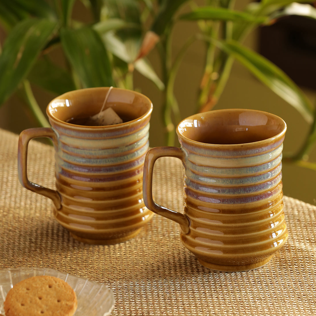 'Rings in the sky' Tea-Coffee & Milk Mugs Dual-Glazed Studio Pottery In Ceramic (Set Of 2)