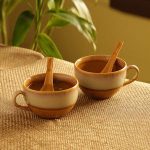 'The Eclipsed Two' Soup Bowls With Spoons Dual Glazed Studio Pottery In Ceramic (Set Of 2)