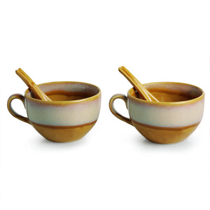 'The Eclipsed Two' Soup Bowls With Spoons Dual Glazed Studio Pottery In Ceramic (Set Of 2)