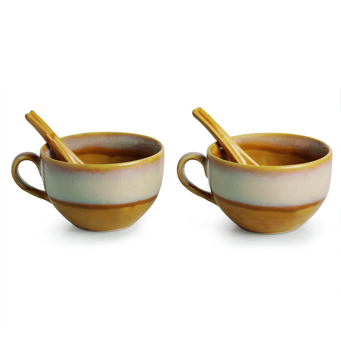 'The Eclipsed Two' Soup Bowls With Spoons Dual Glazed Studio Pottery In Ceramic (Set Of 2)
