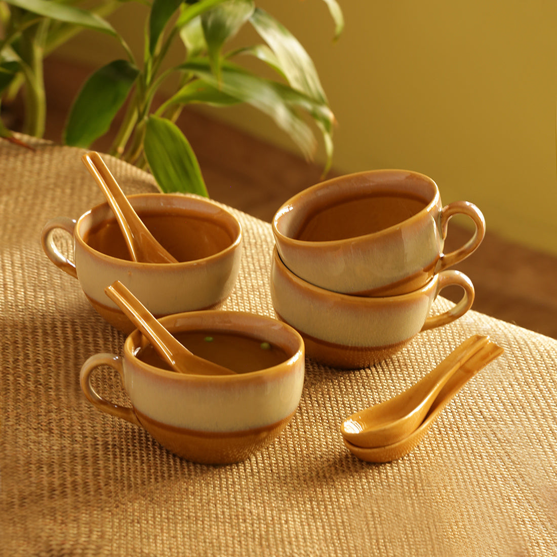 'The Eclipsed Four' Soup Bowls With Spoons Dual Glazed Studio Pottery In Ceramic (Set Of 4)