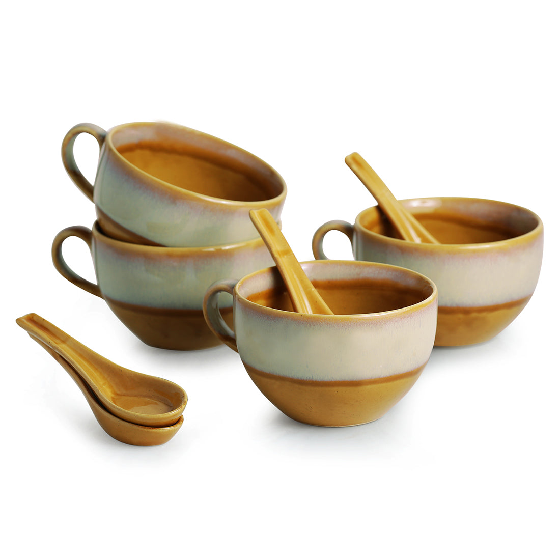 'The Eclipsed Four' Soup Bowls With Spoons Dual Glazed Studio Pottery In Ceramic (Set Of 4)