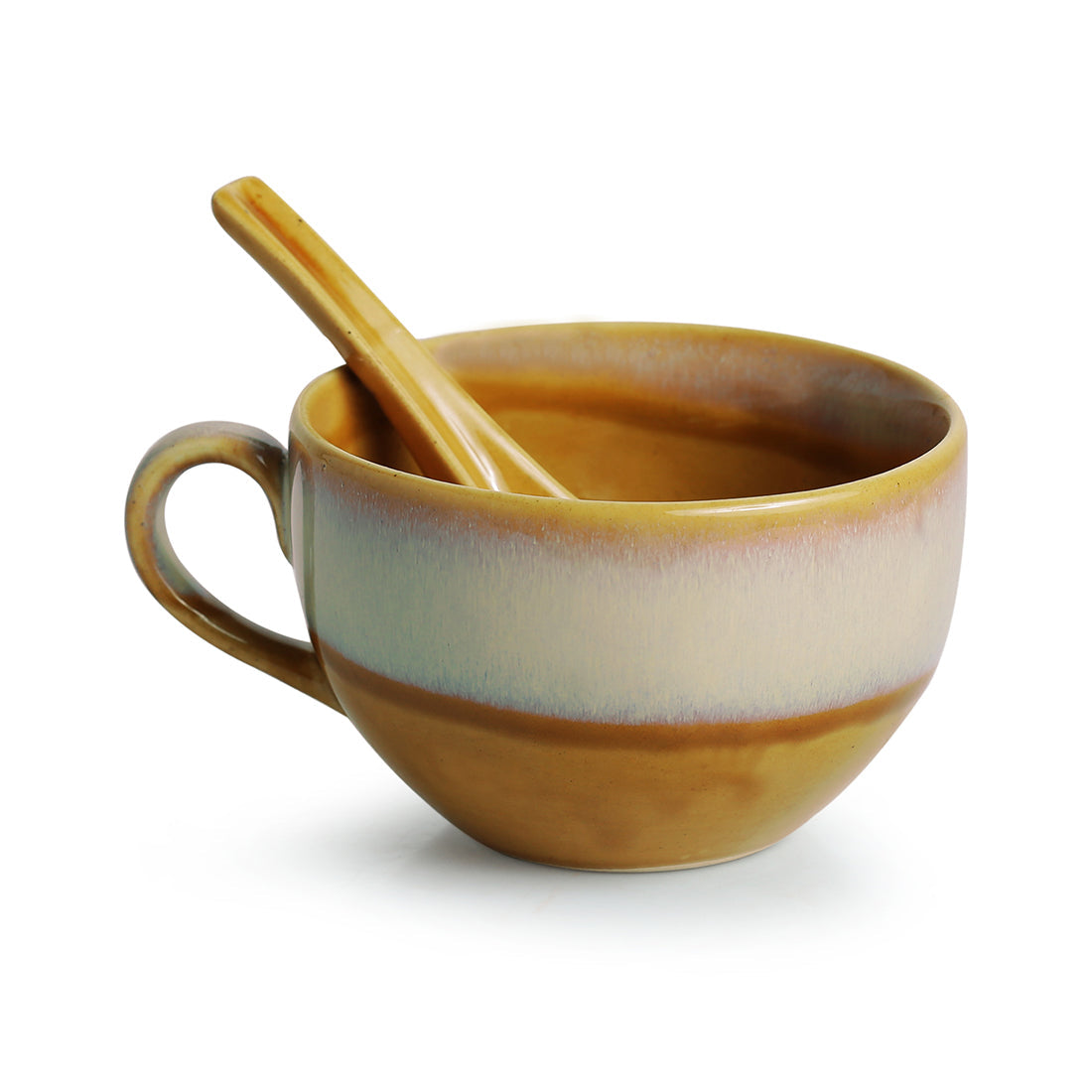 'The Eclipsed Four' Soup Bowls With Spoons Dual Glazed Studio Pottery In Ceramic (Set Of 4)