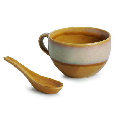 'The Eclipsed Four' Soup Bowls With Spoons Dual Glazed Studio Pottery In Ceramic (Set Of 4)