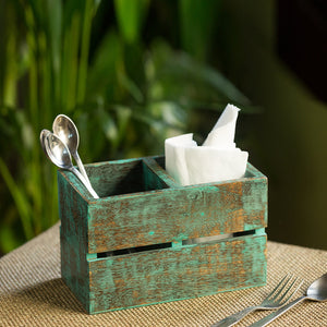 'Rustic Cuboid' Antique Finish Cutlery Holder In Mango Wood (2 Partitions)