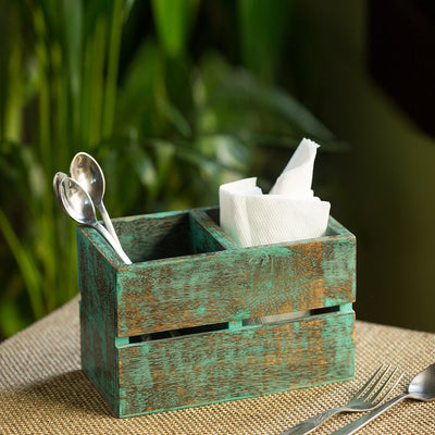 'Rustic Cuboid' Antique Finish Cutlery Holder In Mango Wood (2 Partitions)