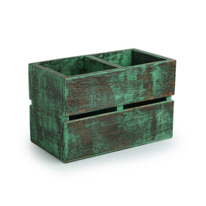 'Rustic Cuboid' Antique Finish Cutlery Holder In Mango Wood (2 Partitions)