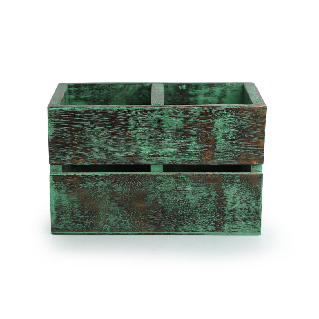 'Rustic Cuboid' Antique Finish Cutlery Holder In Mango Wood (2 Partitions)