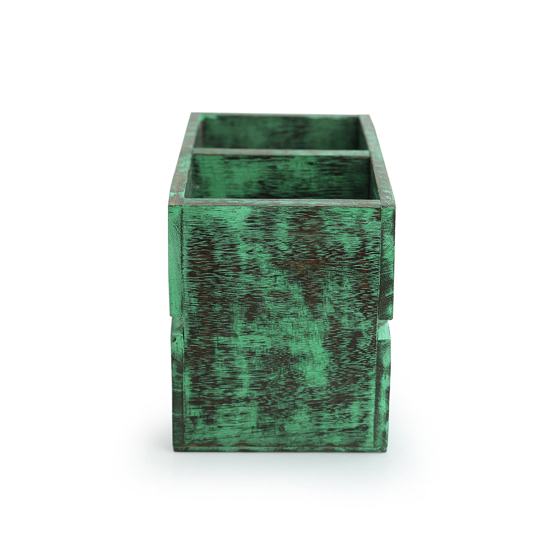'Rustic Cuboid' Antique Finish Cutlery Holder In Mango Wood (2 Partitions)