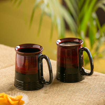 'Crimson Inquisitiveness' Hand Glazed Studio Pottery Ceramic Beer & Milk Mugs (Set Of 2)