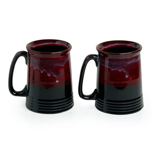 'Crimson Inquisitiveness' Hand Glazed Studio Pottery Ceramic Beer & Milk Mugs (Set Of 2)