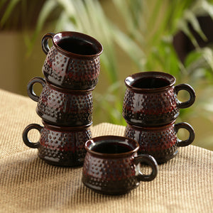 'Dimples of Crimson' Hand Galzed Studio Pottery Ceramic Tea & Coffee Cups (Set Of 6)