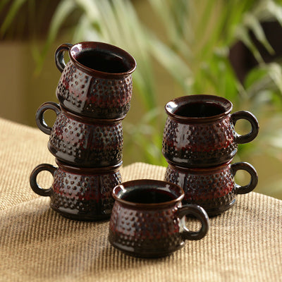'Dimples of Crimson' Hand Galzed Studio Pottery Ceramic Tea & Coffee Cups (Set Of 6)