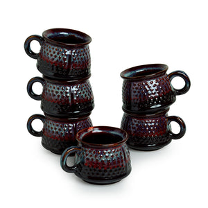 'Dimples of Crimson' Hand Galzed Studio Pottery Ceramic Tea & Coffee Cups (Set Of 6)