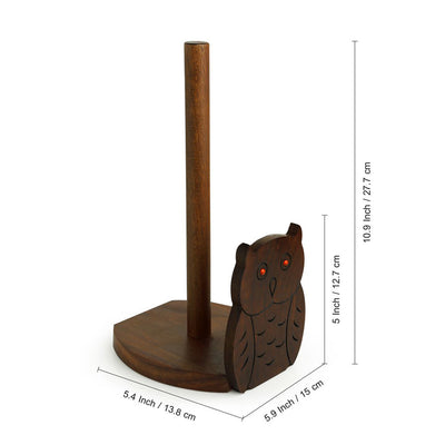 'Owl 'n' Roll'  Hand Carved Kitchen Tissue Roll Holder In Sheesham Wood