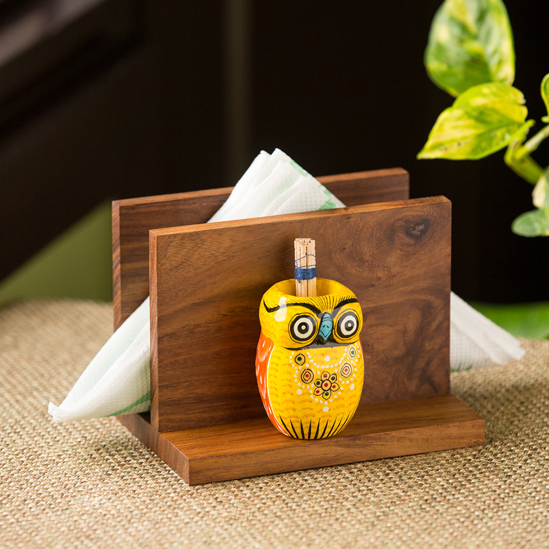 Brown - 'An Owl's Vibrance' Tissue Toothpick Holder In Sheesham & Gular Wood