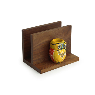Brown - 'An Owl's Vibrance' Tissue Toothpick Holder In Sheesham & Gular Wood