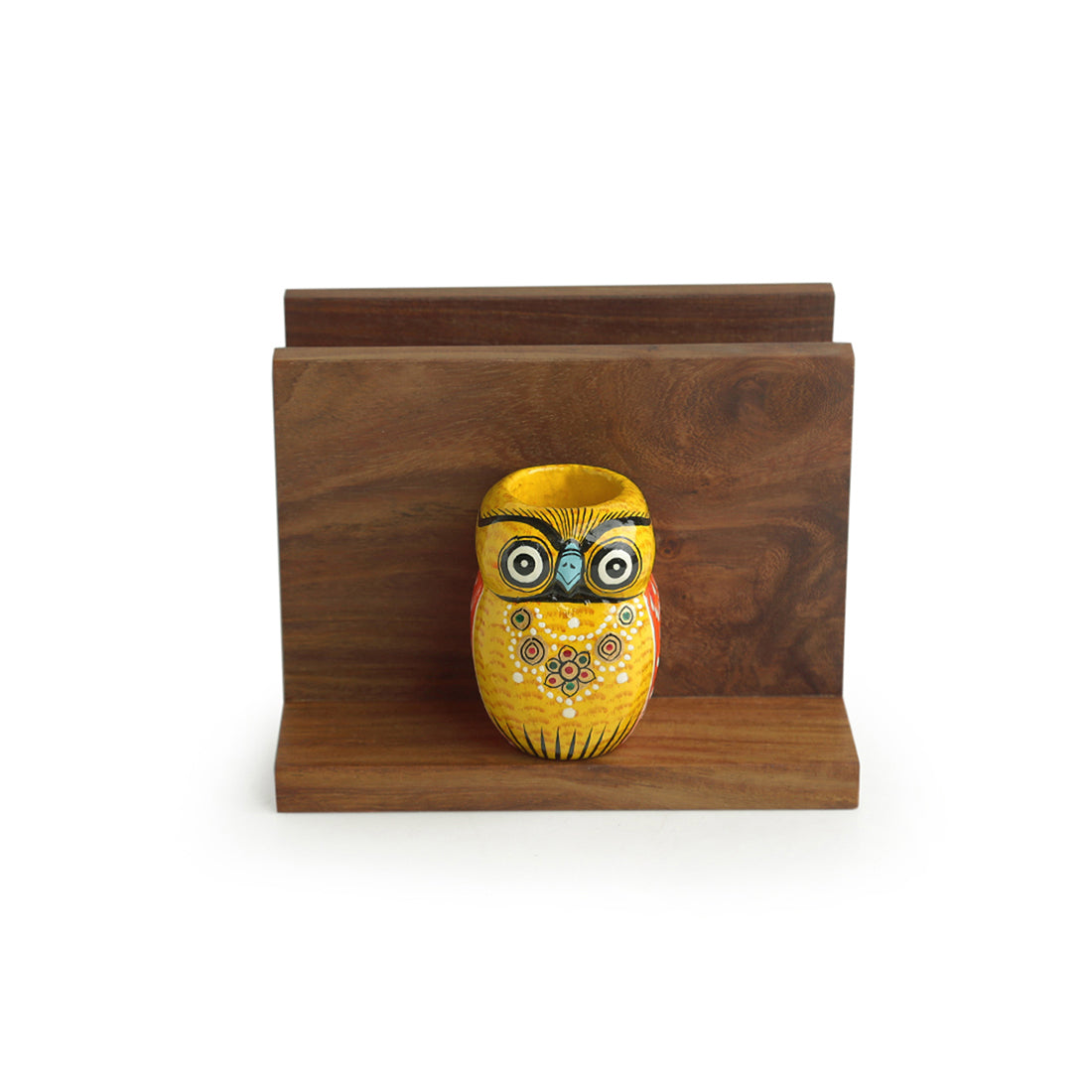 Brown - 'An Owl's Vibrance' Tissue Toothpick Holder In Sheesham & Gular Wood
