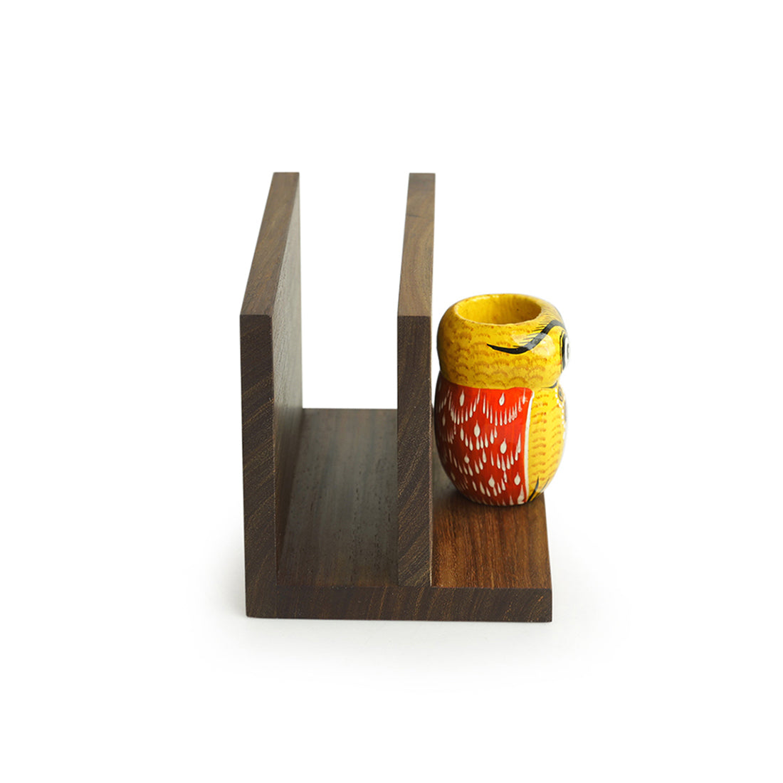 Brown - 'An Owl's Vibrance' Tissue Toothpick Holder In Sheesham & Gular Wood