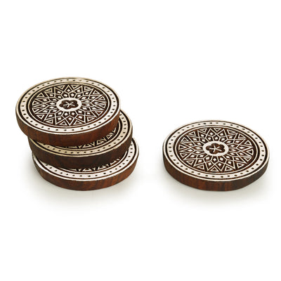 'Magnificent Mandala' Hand-Carved Blocks & Tea Coasters In Sheesham Wood (Set of 4)