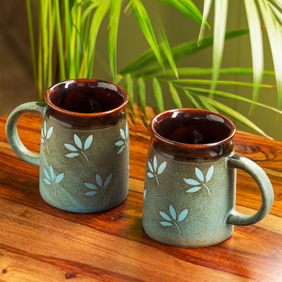 'Leaf Sips' Handpainted & Handglazed Studio Pottery Coffee & Tea Mugs In Ceramic (Set of 2)