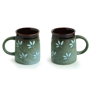 'Leaf Sips' Handpainted & Handglazed Studio Pottery Coffee & Tea Mugs In Ceramic (Set of 2)